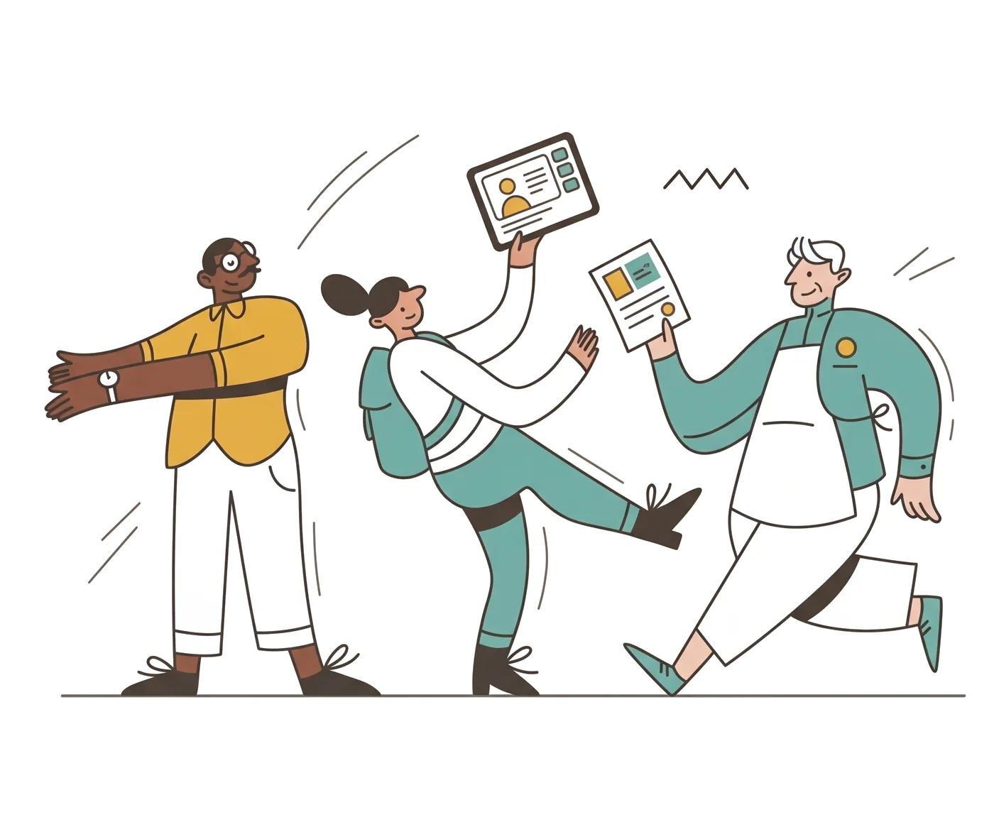 Tres emprendedores en movimiento con sus pedidos y su tablet