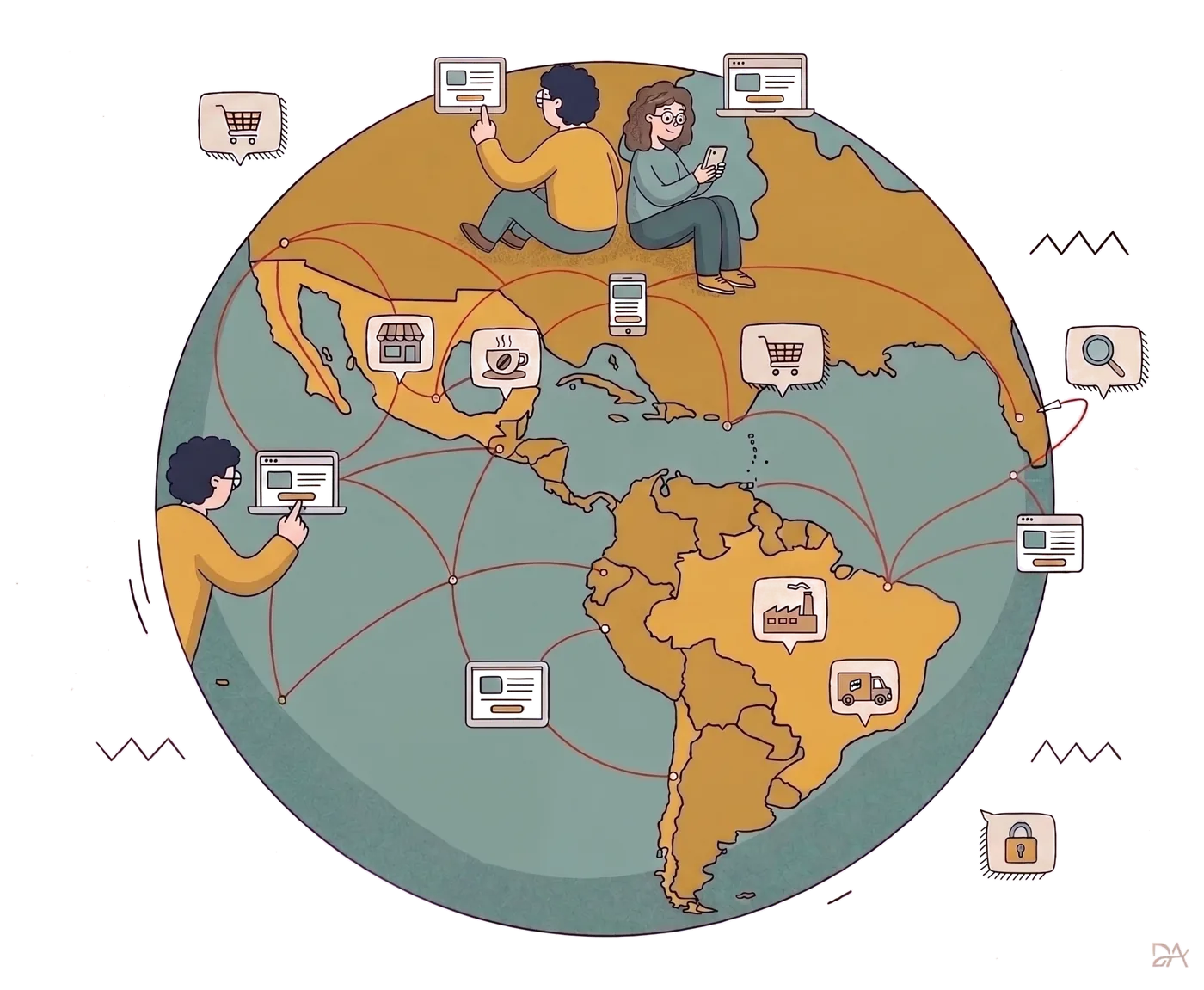 Mapa de América con negocios conectados desde distintas ciudades